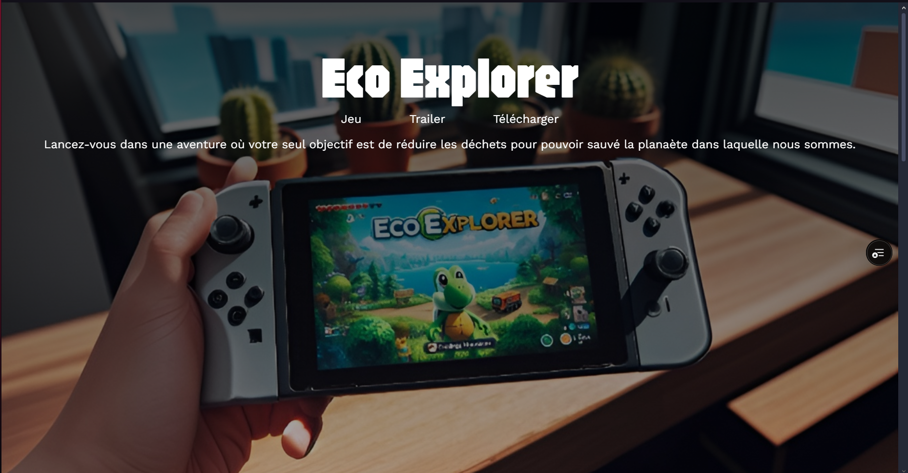 Personne tenant une console Nintendo Switch avec le jeu 'Eco Explorer' affiché à l'écran, sur une table en bois avec des cactus en arrière-plan.