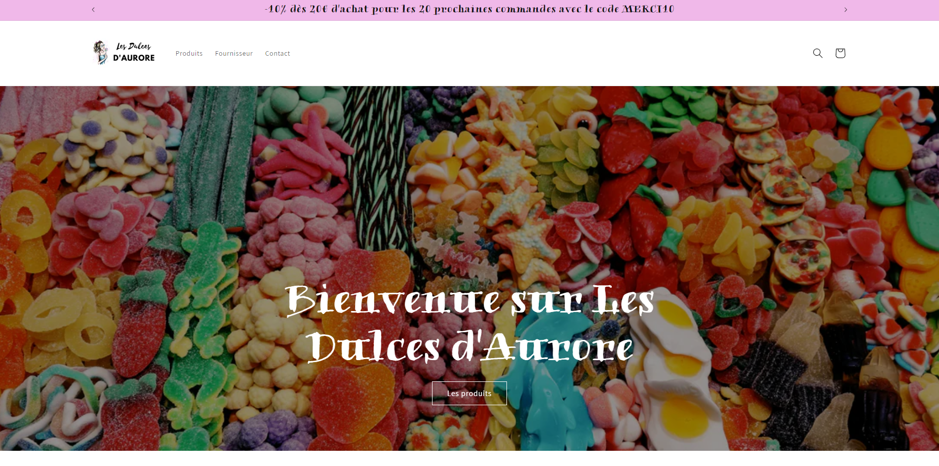 Assortiment coloré de bonbons avec un message promotionnel et le texte 'Bienvenue sur Les Dulces d'Aurore'