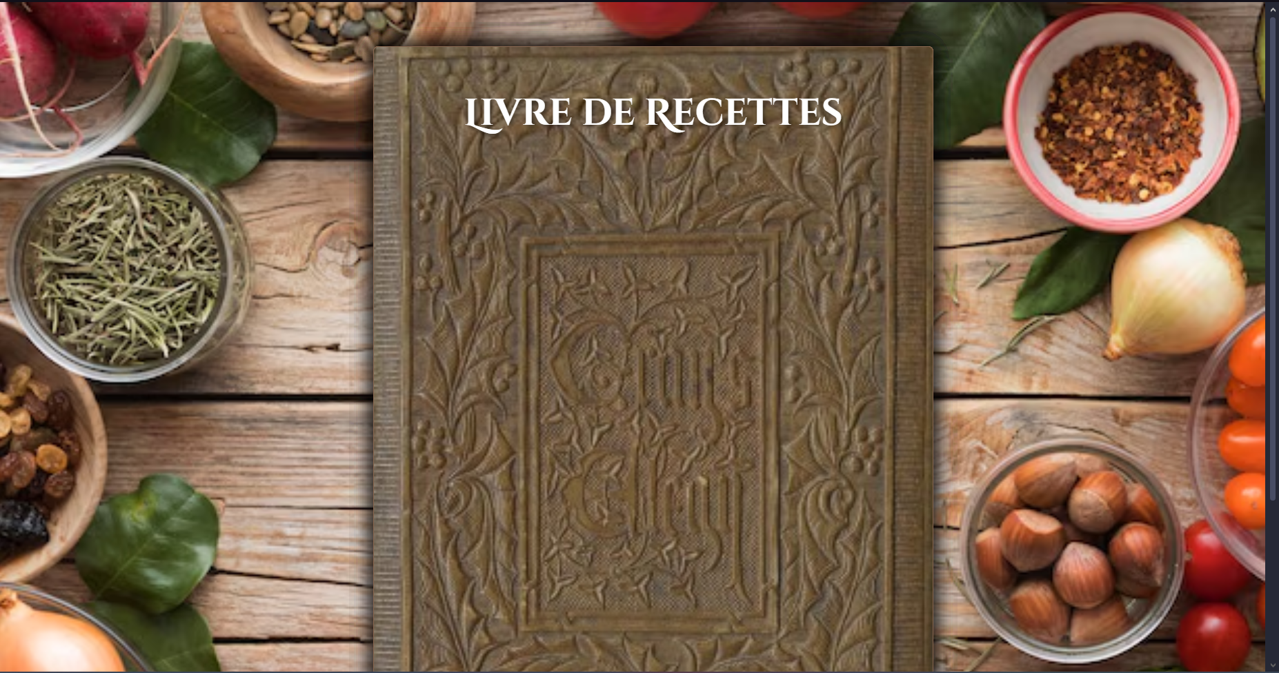 Table en bois rustique avec divers ingrédients de cuisine et un livre de recettes intitulé 'LIVRE DE RECETTES'.