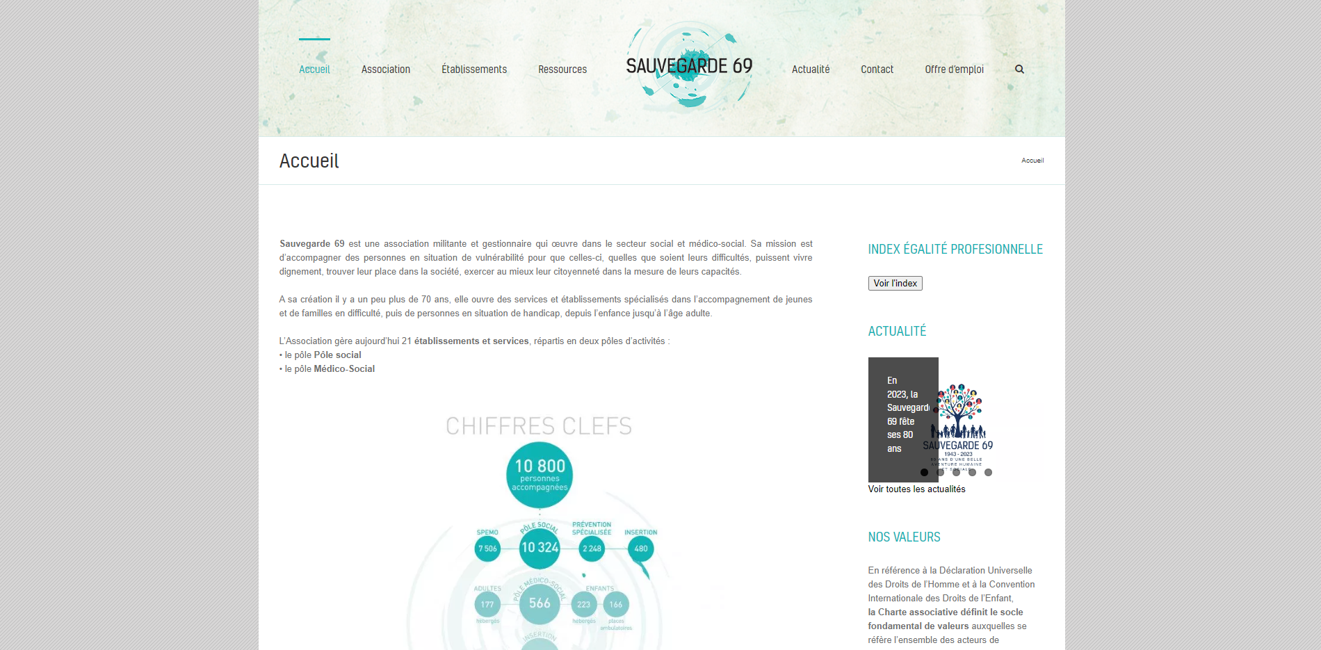 Capture d'écran du site web de l'association Sauvegarde 69, avec menu de navigation et présentation des services sociaux et médico-sociaux