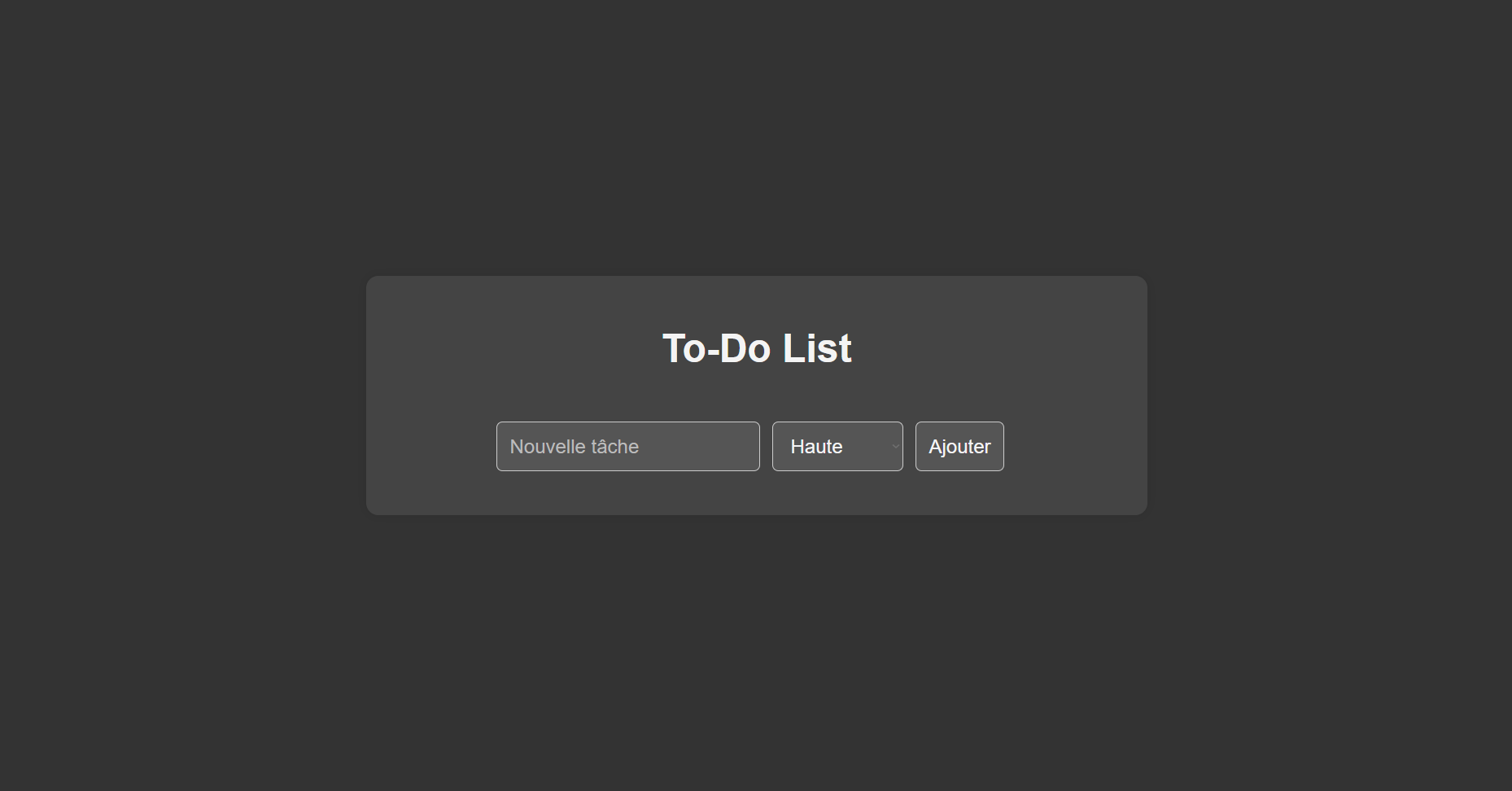 Interface utilisateur d'une liste de tâches avec un champ pour ajouter de nouvelles tâches, un menu déroulant de priorité et un bouton d'ajout.
